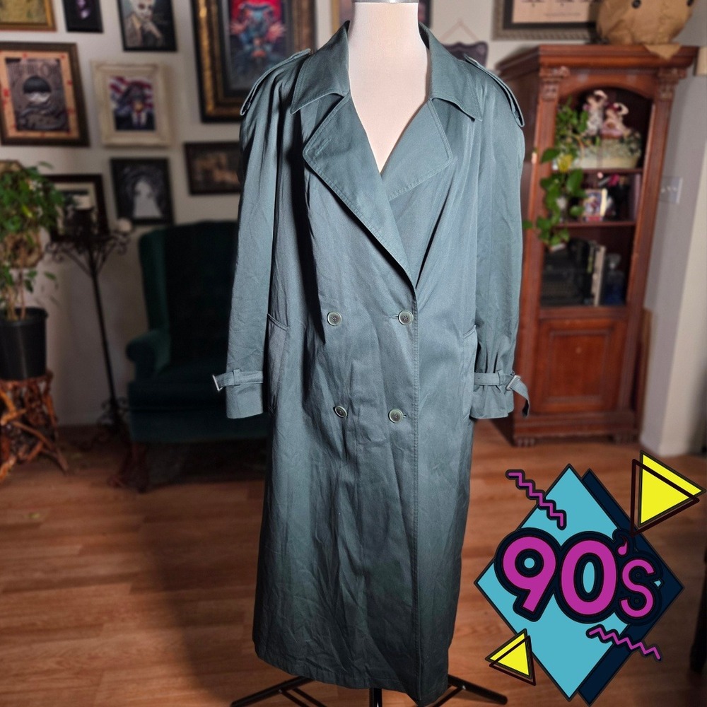 Vintage 90s Forest Green Double Breasted Trench Coat with Epaulettes Small